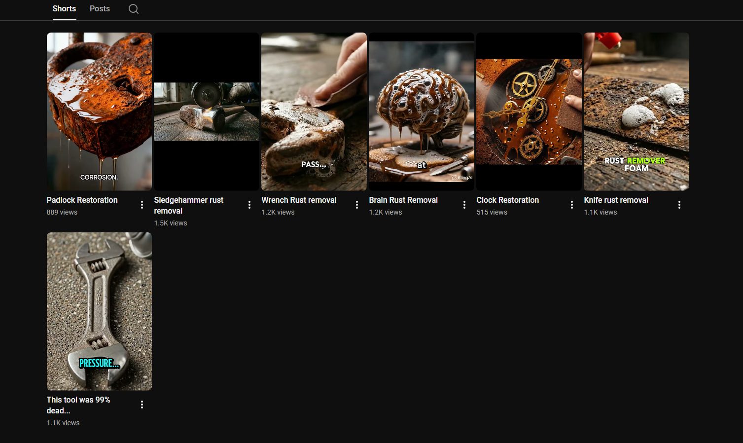 YouTube Shorts channel AiPinasNab, Rust removal AI content thumbnails
